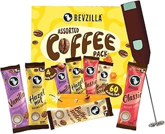 Bevzilla 60 Flavoured Coffee Sachets With Frother (60X2 Gram) | 15 Pouch Each Flavour | Hazelnut, Vanilla, Classic & Butterscotch | Cafe Coffee Kit