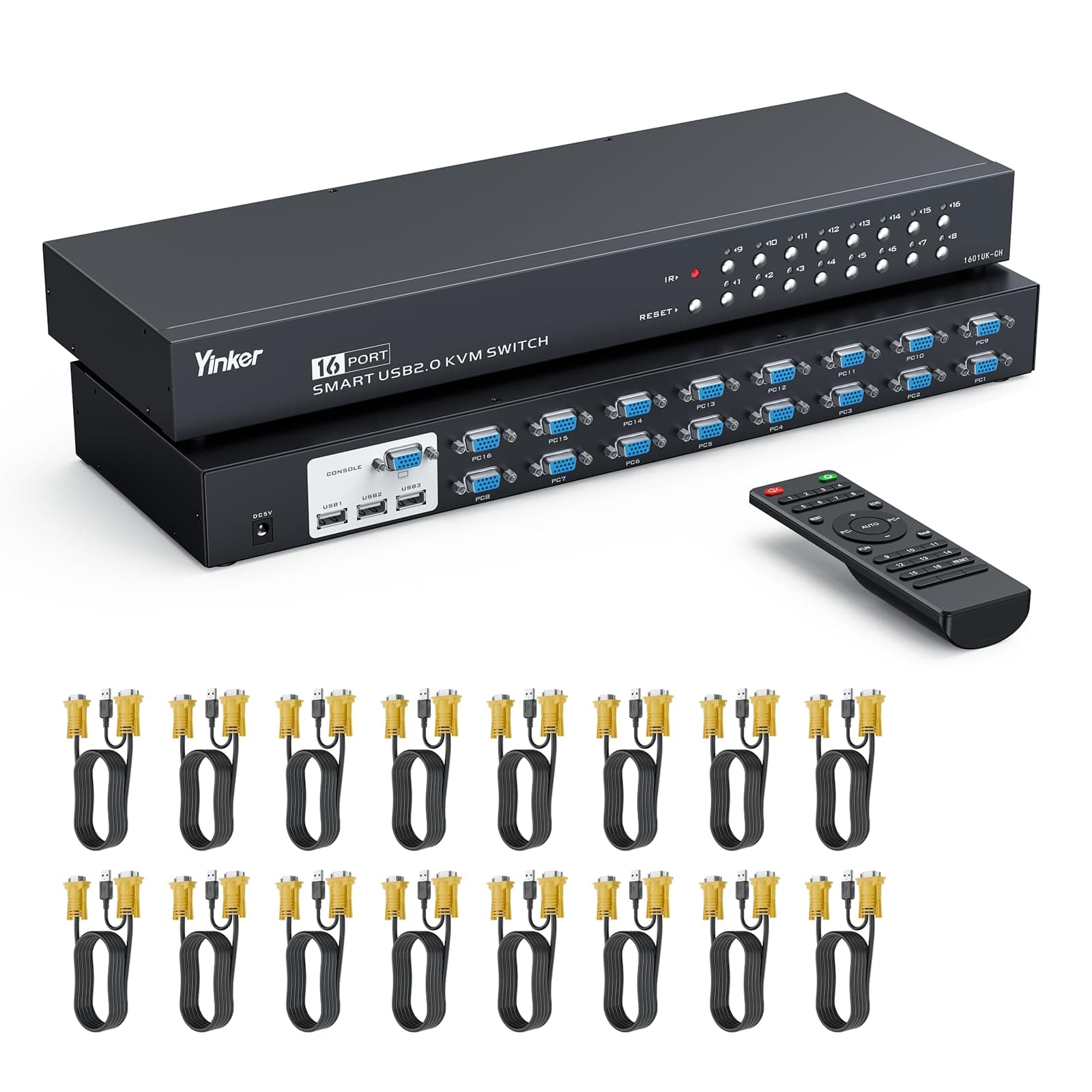 16 Port KVM Switch VGA, Rack Mount KVM Console VGA 16x1 w/16-Pack KVM Cables IR Remote & Rack Mount Ears Support HD 1U 19'' Rack Cabinet
