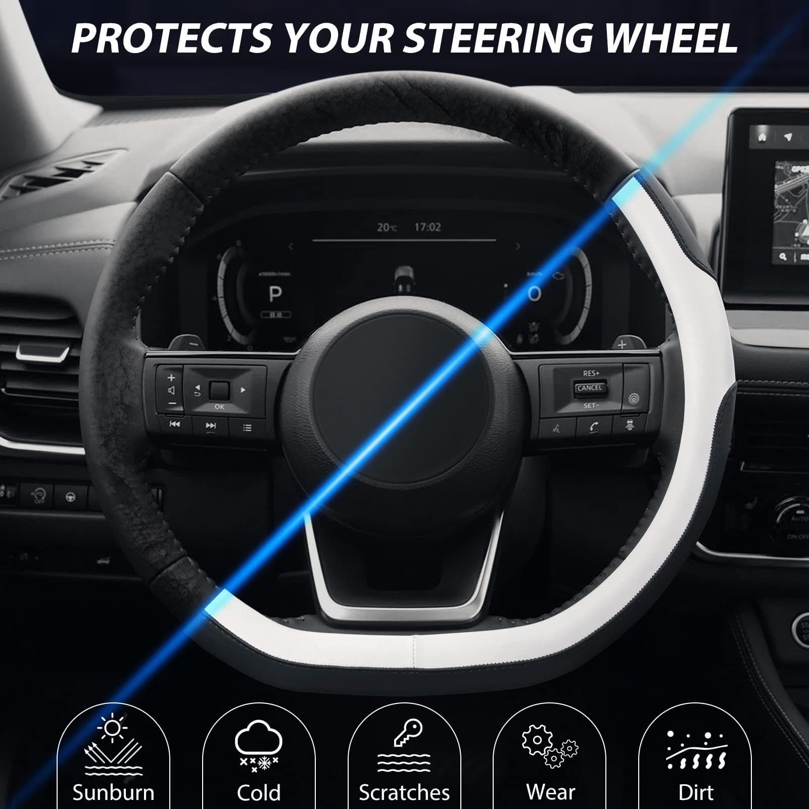 SEG Direct Flat Bottom Steering Wheel Cover, D Shaped Car Wheel Cover 37-39cm, Black White Microfiber Leather