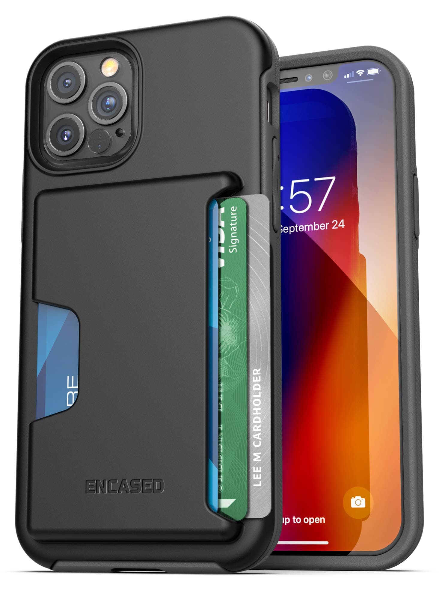 Encased iPhone 12 Pro/iPhone 12 Wallet Case (2020) Shockproof Case with Card Holder Slot (3 Credit Cards Capacity) Black