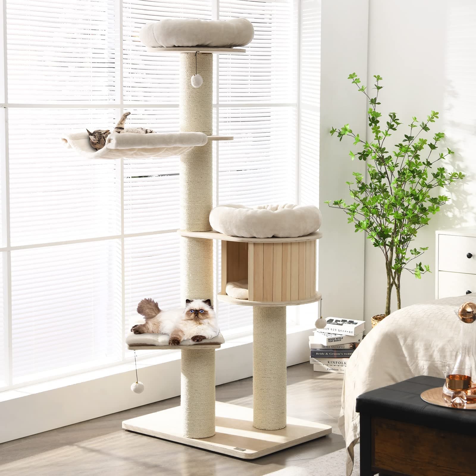 Modern Cat Tree, Multi-Level Large Cat Tower with Condo, Hammocks & Hanging Basket, Tall Cat Tree with Sisal Posts, Washable Cushions, Wood Cat Trees and Towers for Indoor Large Cats