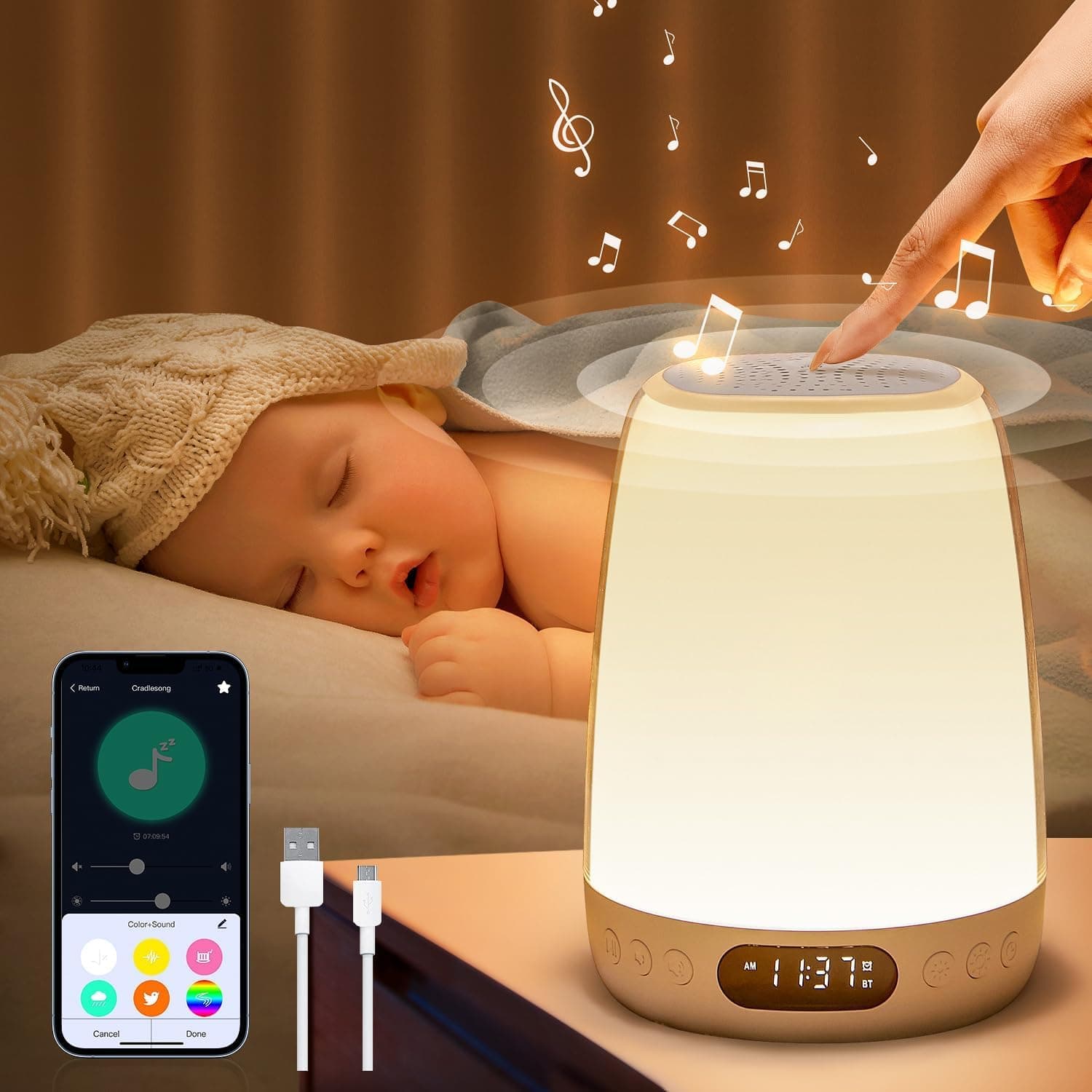One FireWhite Noise Machine Baby Night Light APP Control+Clock, 14 Soothing White Noise for Sleeping Baby Sound Machine, Rechargeable Baby Night Light for Kids Room+Sunrise Alarm, Sound Machine Baby