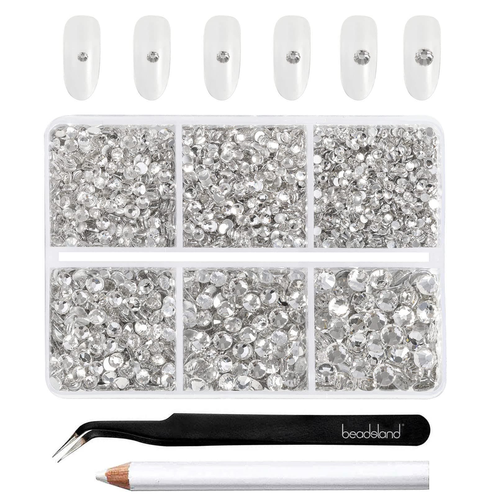 Beadsland 4300pcs Flatback Crystal Nail Gems - Round, Mixed 6 Sizes with Picking Tweezers and Wax Pencil Kit, SS6-SS20