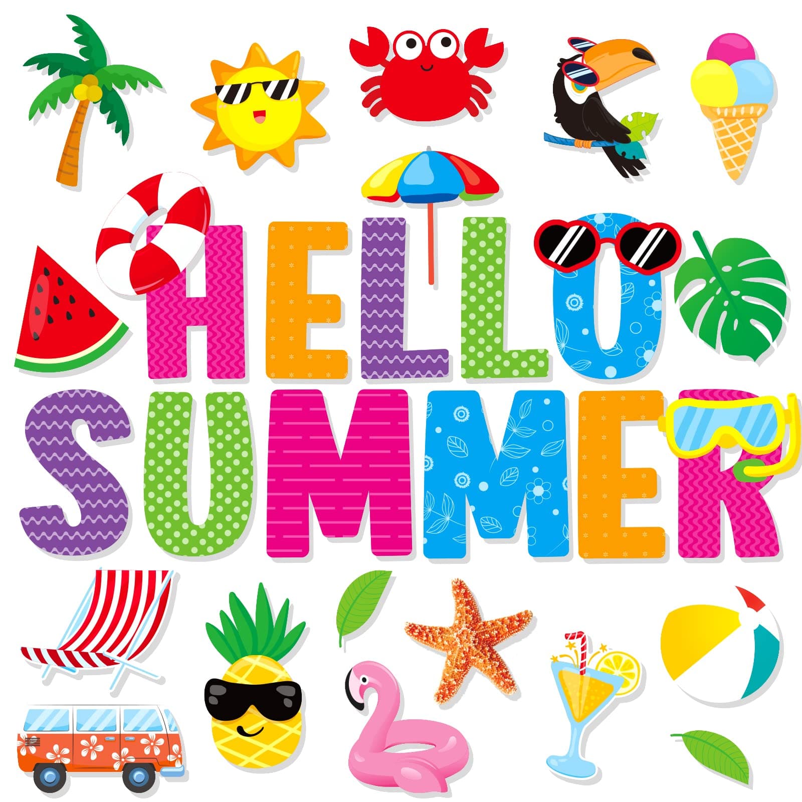 Hello Summer Cutouts 72 Pack Pool Beach Hawaiian Theme Cut Outs Summertime Bulletin Board Decoration Watermelon Spring Summer Tropical Office Decorations Palm School Teacher Supplies for Classroom