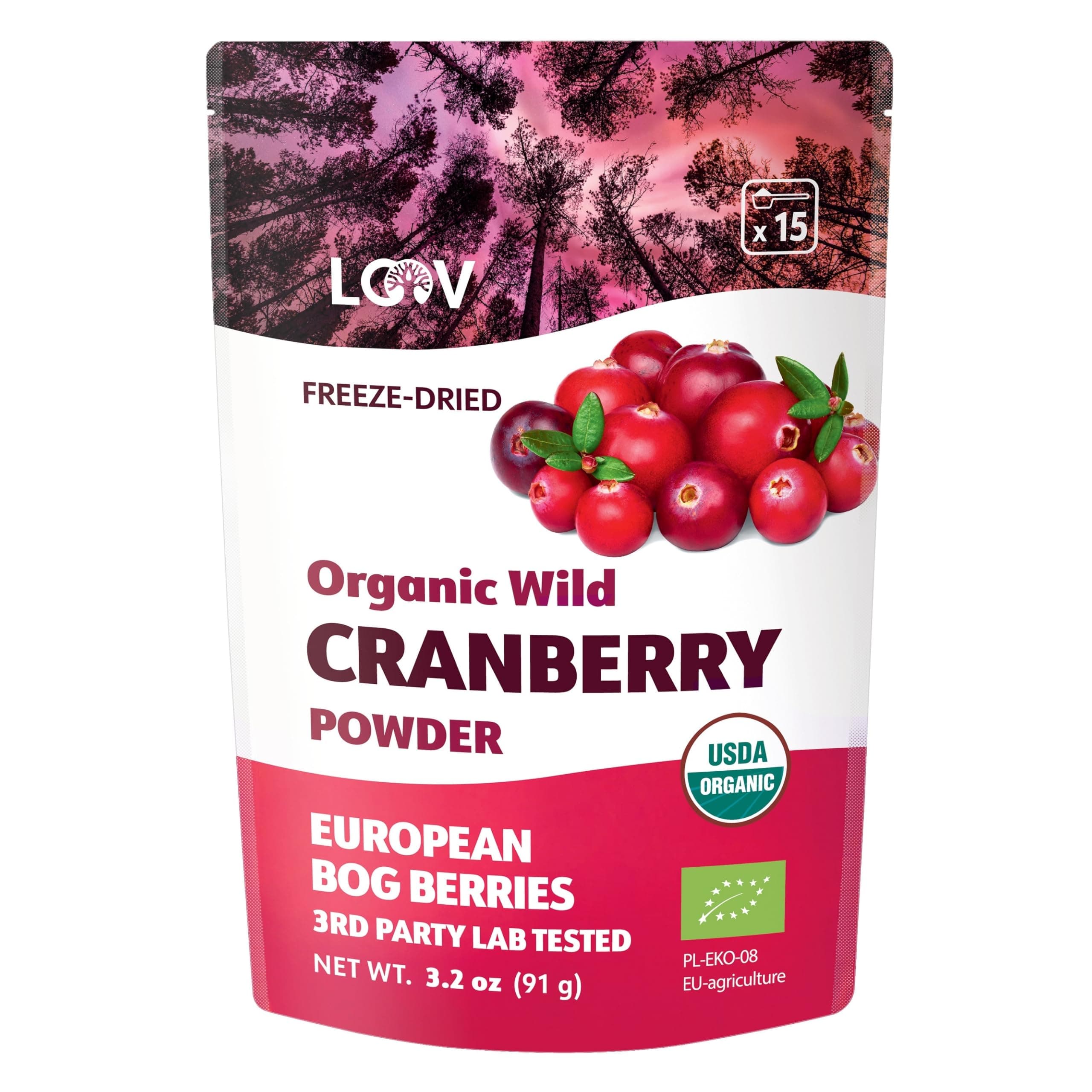 LOOV Organic Wild Cranberry Powder, 100% Whole Organic Cranberry Fruit, Freeze Dried and Powdered Wild Nordic Unsweetened Cranberries, 91 g No Added Sugar