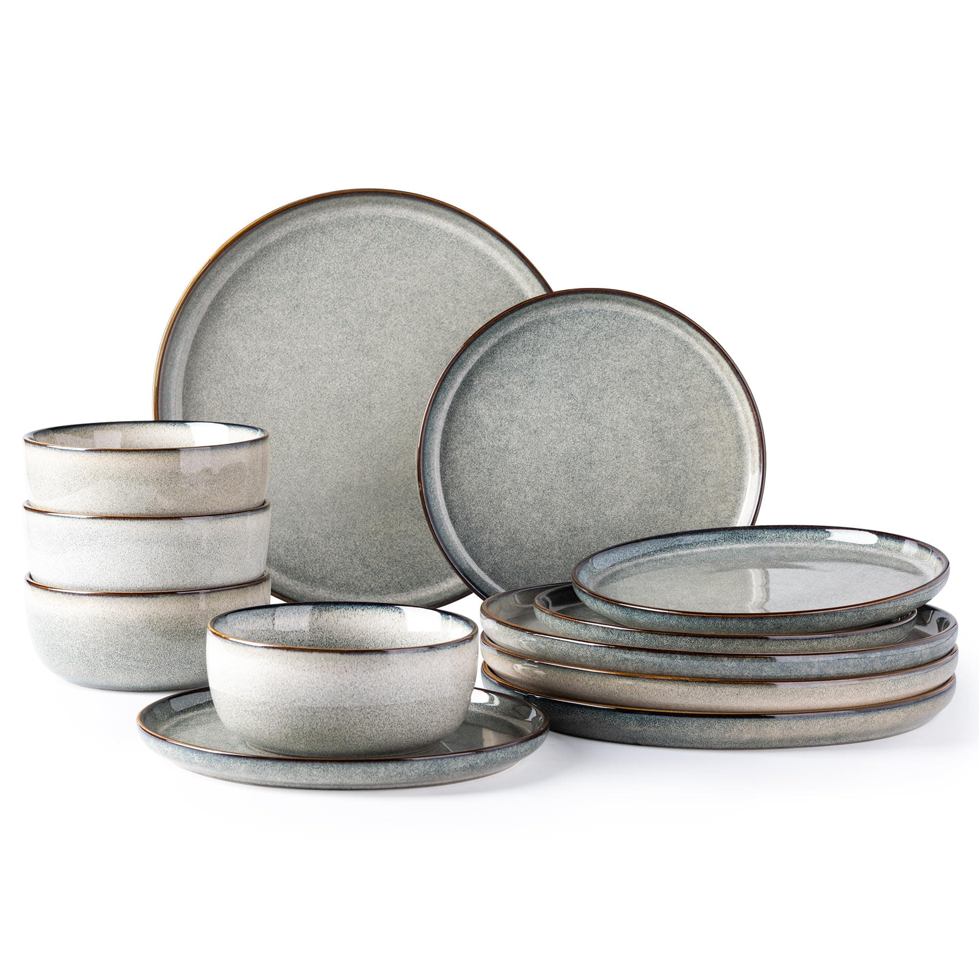 Ceramic Dinnerware Sets for 4, 12 Pieces Stoneware Plates and Bowls Sets, Reactive Glaze Dishes -Scratch Resistant, Dishwasher&Microwave Safe, Green Wheat