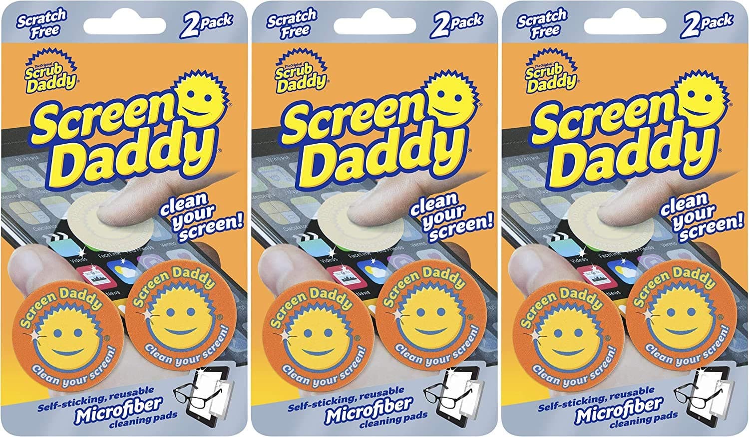 Scrub Daddy Screen Cleaning Microfiber Cloth Pads - Screen Daddy- Screen Cleaning Pads for Phone, Computer Screen, Eye Glasses, Lenses, Scratch-Free, Streak-Free, Reusable, Washable, 2ct (Pack of 3)