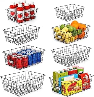 8 Set, Extra Large Wire Baskets for Organizing with Lables, Cabinet Pantry Organization and Storage Bins - Metal Basket for Kitchen, Laundry, Garage, Fridge, Bathroom Countertop Organizer, Black