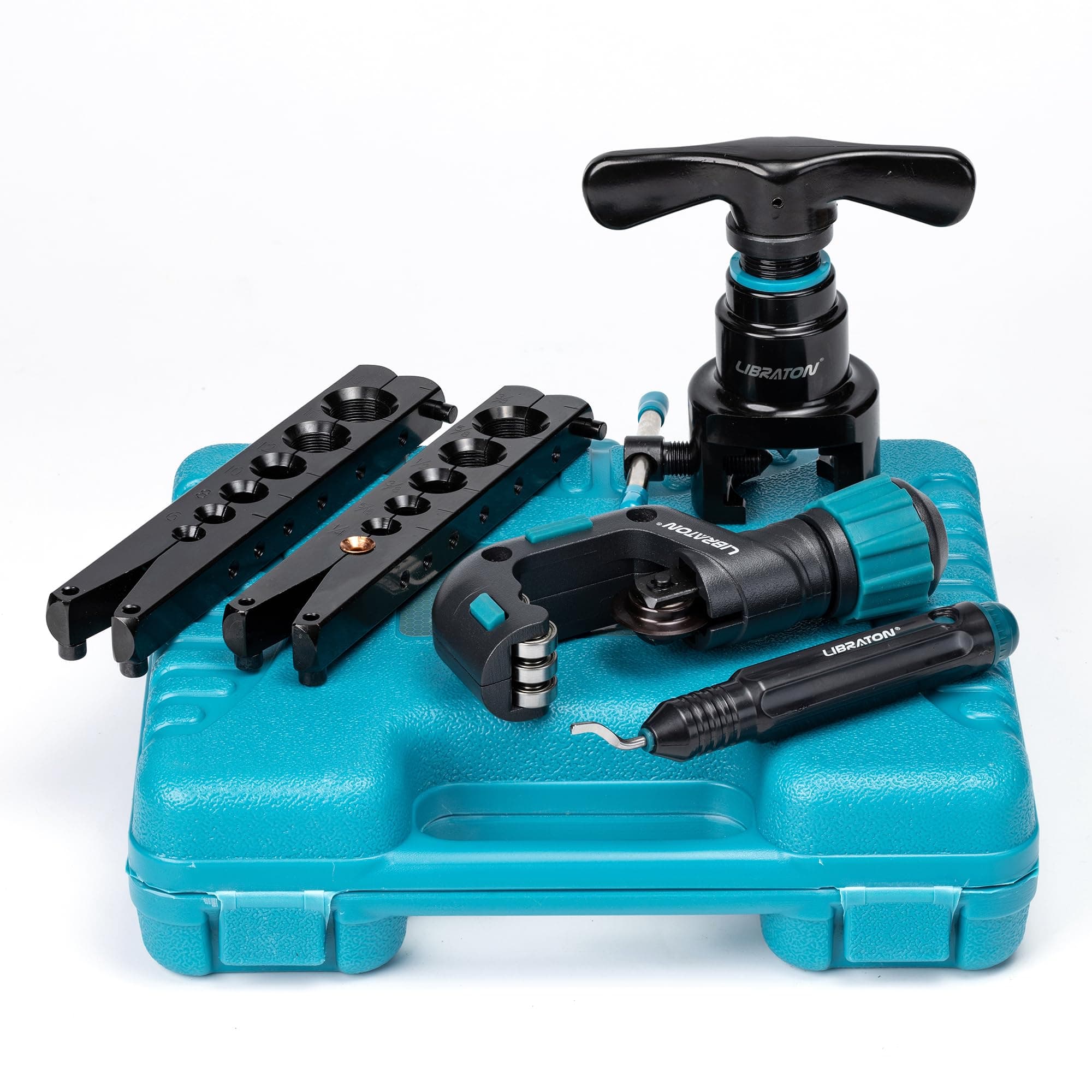 LIBRATON Flaring Tool, HVAC Flaring Tool Kit, Copper Flaring Tool, 45° Eccentric Single Flare Tool for 1/4''-3/4'' and 6-19mm with Pipe Cutter, Deburring Tool for Copper Aluminum Pipe