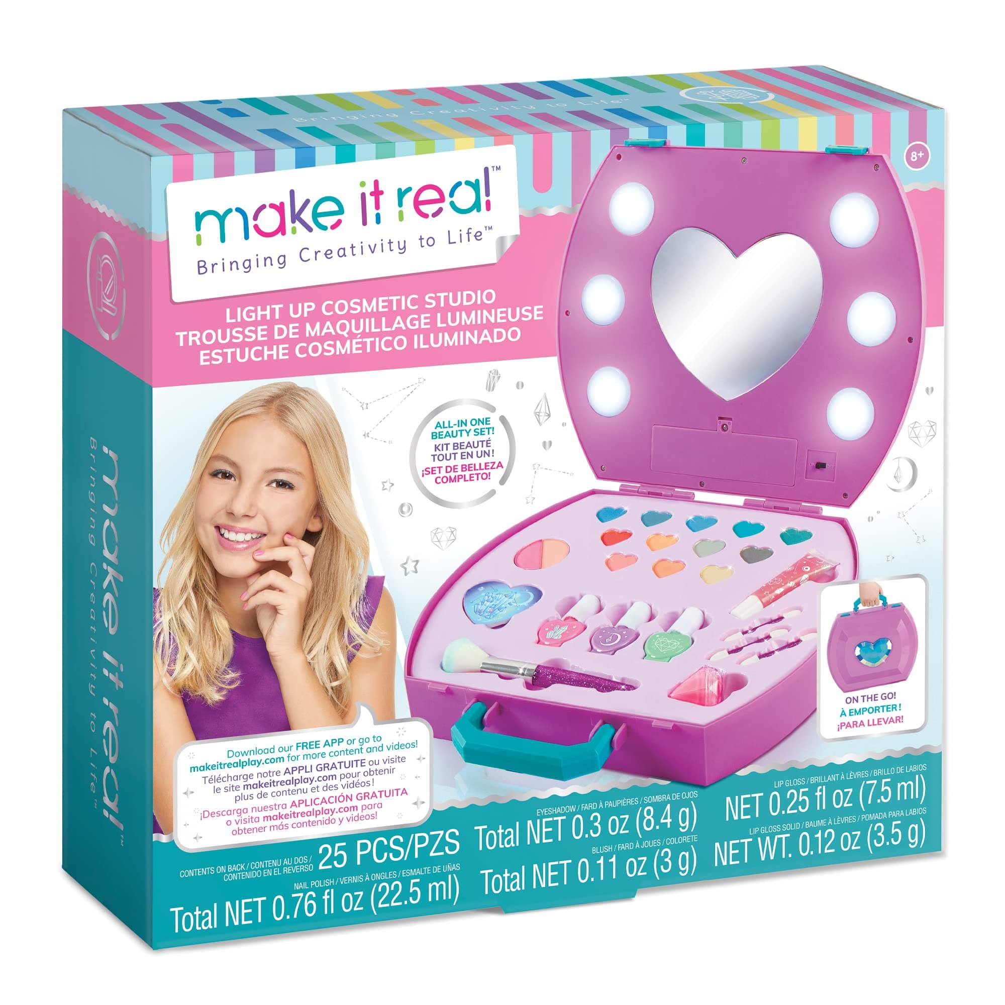 Make it Real - Light-Up Cosmetic Studio - Kids Makeup Case with Mirror and Lights for Girls and Tweens - Includes Eyeshadow, Nail Polish, Blush, Lip Gloss, Nail File, Makeup Brushes