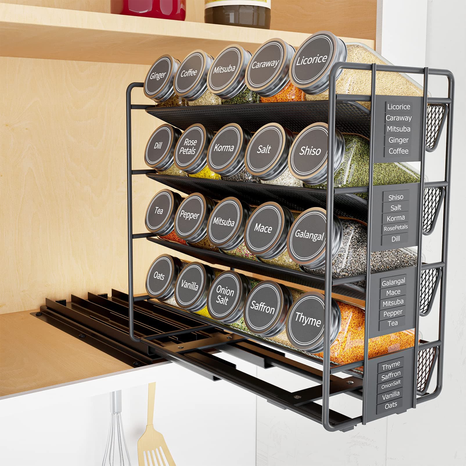 Pull Out Spice Rack Organizer with 20 Jars, Heavy Duty Slide Out Seasoning Organizer for Kitchen Cabinets, with 801 Labels and Chalk Marker, Left Facing