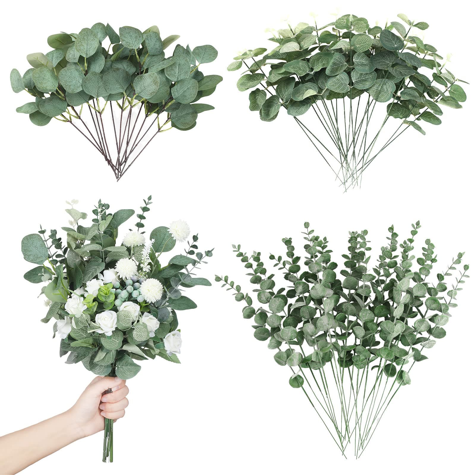 90 Pcs 3 Kinds Mixed Artificial Eucalyptus Leaves Stems Bulk Silver Dollar Leaves Picks Dried Eucalyptus Bundle Faux Spray for Wedding Vase Bouquet Floral Arrangement (Green)