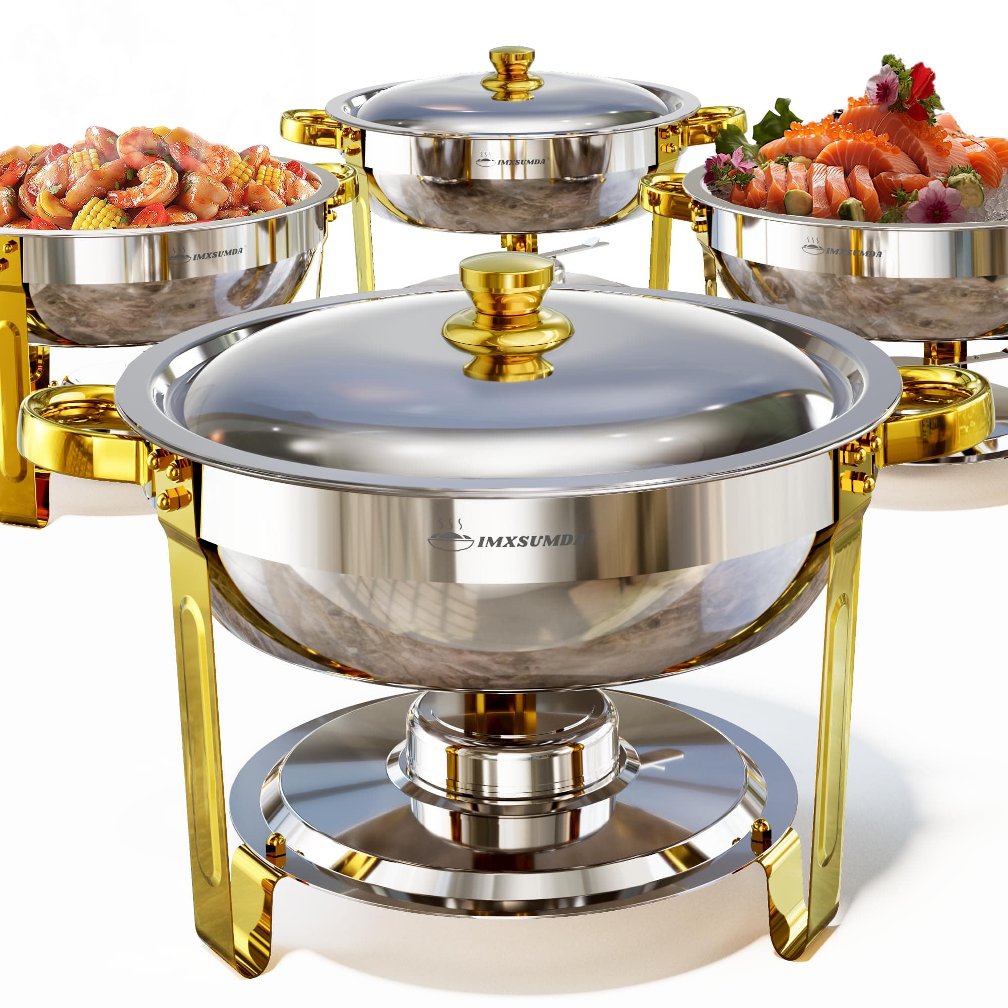 Chafing Dishes for Buffet Set 4 Pack, 5QT Round Dish Buffet Servers and Warmers High Grade Stainless Steel Food Warmers for Parties, Christmas Gatherings, Weddings, Catering, Gold & Silver