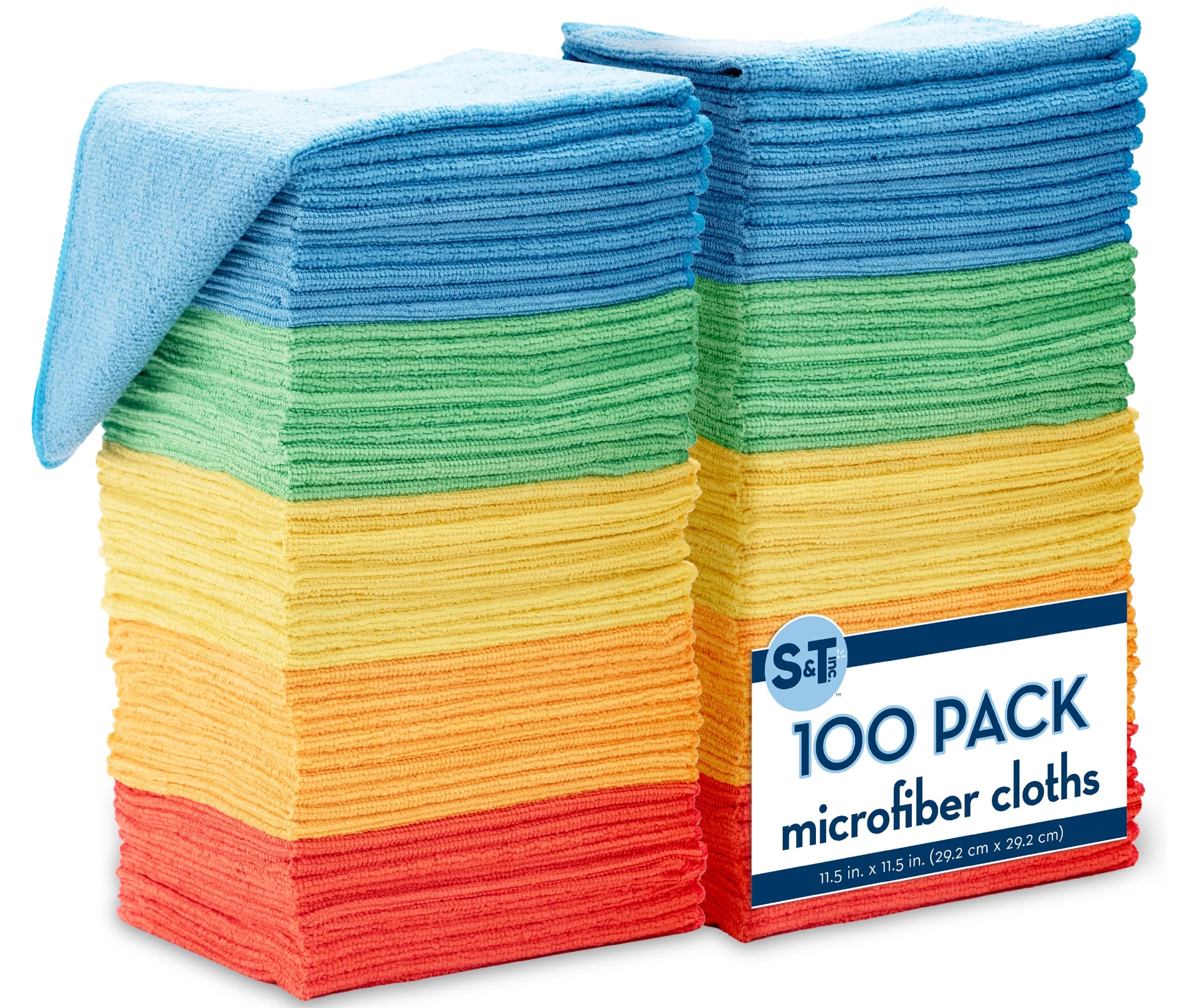 S&T INC. 100 Pack Microfiber Cleaning Cloth, Bulk Towels for Home, Reusable Microfiber Towels for Cars, Cleaning Rags, Assorted, 11.5 Inches x 11.5 Inches, 100 Count