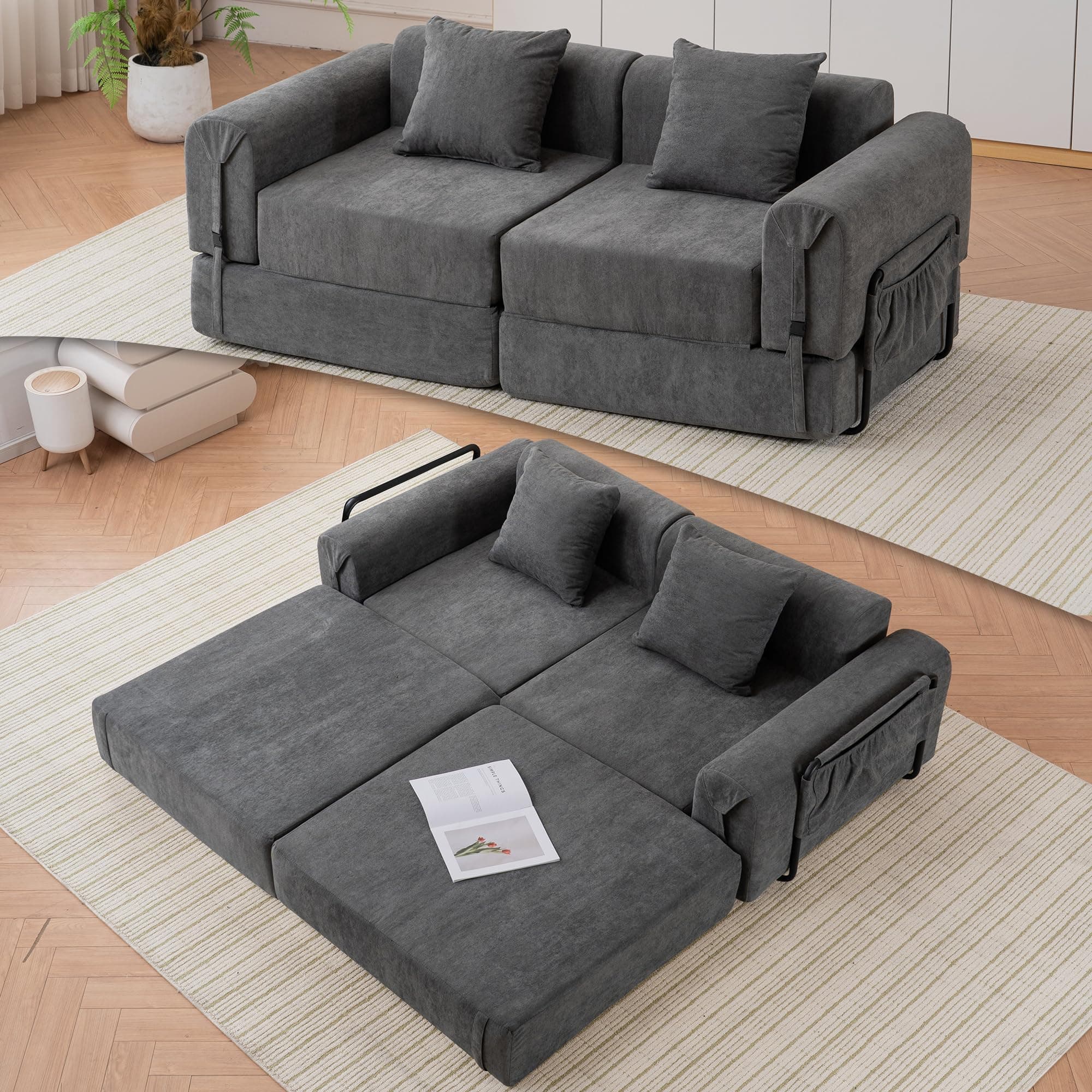 71.25" W Convertible Boneless Sectional Sleeper Sofa Bed, Comfy Fleece Foldable Loveseat Floor Lounge Couch Modular Set for Living Room Apartment Office Bedroom Small Spaces