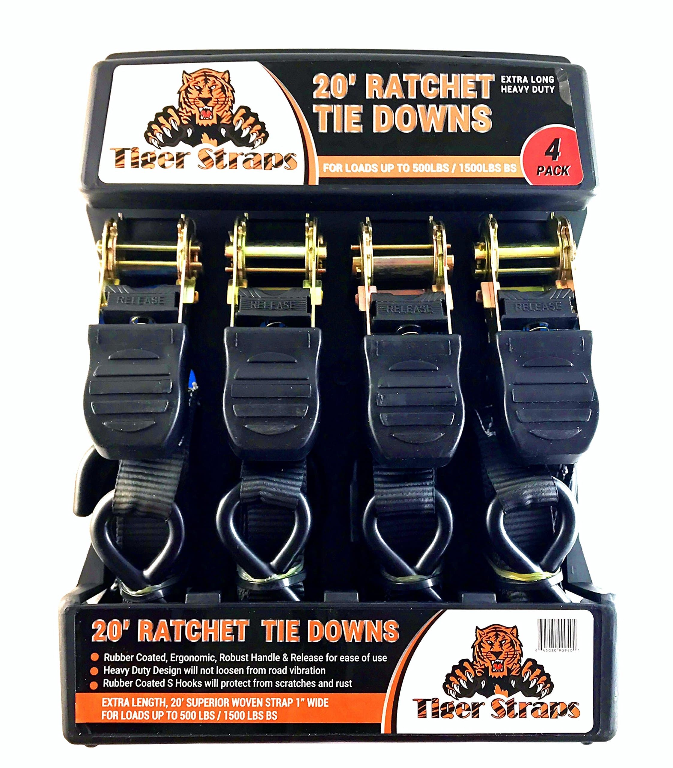 Tiger Tie Down Straps-4PK-Extra Long 20ft -500lb Load Cap, The Ultimate Ratchet Tiedowns, These Tie Down Straps Have A 1500lb Break Strength. Premium Heavy Duty Locking Straps Tiedowns